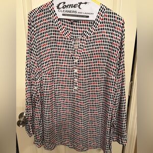 Ulla Popken Women’s Mulyi Color  Patterned Henley Top with Red Accents